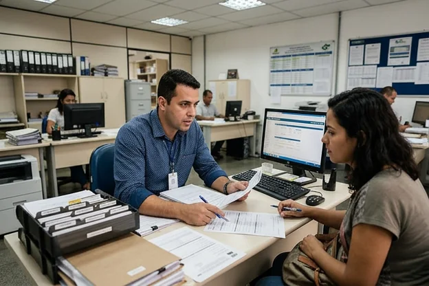 Um despachante explicando o processo de licenciamento de veículos, com diversos documentos organizados.