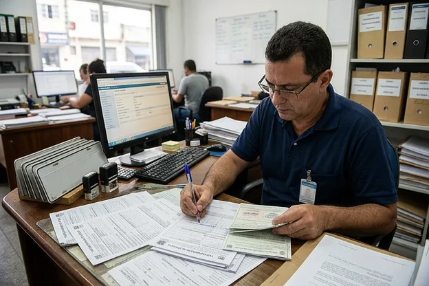 Um despachante realizando a transferência de veículos, com foco nos documentos importantes sendo organizados.